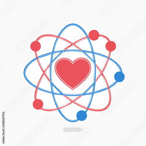 A red heart forms the nucleus of a stylized atom with red and blue orbiting electrons, symbolizing the science of love.