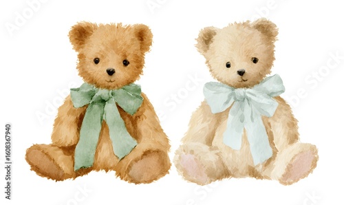 watercolor artwork of two baby teddy bears sitting down next to one another with a sage green bows