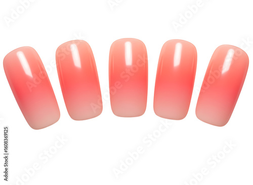  coral and white ombre acrylic fingernails isolated on transparent background