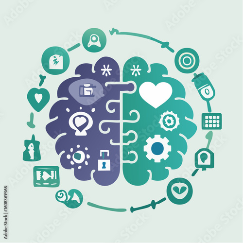 A conceptual illustration of the left and right brain hemispheres with creative and logical icons.