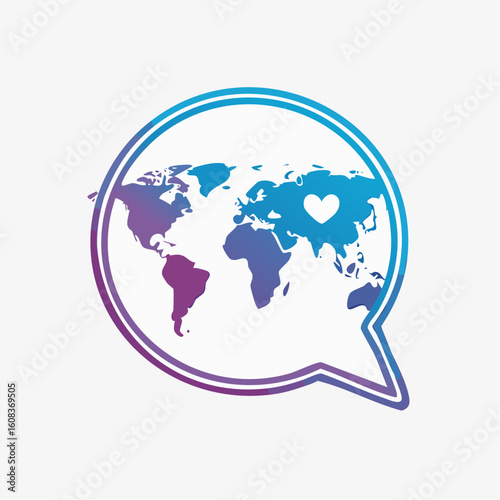 A world map with a heart symbol is enclosed within a circular, gradient-colored speech bubble.