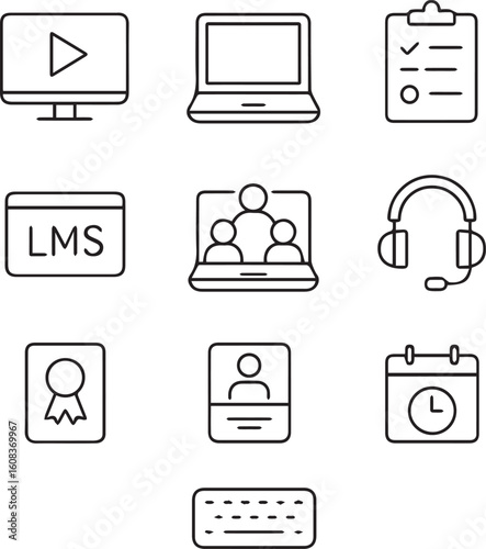Online Education Line Icon Set – Video Lesson, Laptop, Quiz, LMS, Virtual Class, Headset, Certificate, Course, Deadline, Keyboard