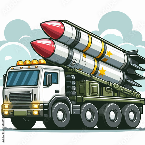 Cartoon depiction of a large military truck, prominently displaying a missile launcher carrying two missiles.  The vehicle is shown in a simple, bold style.