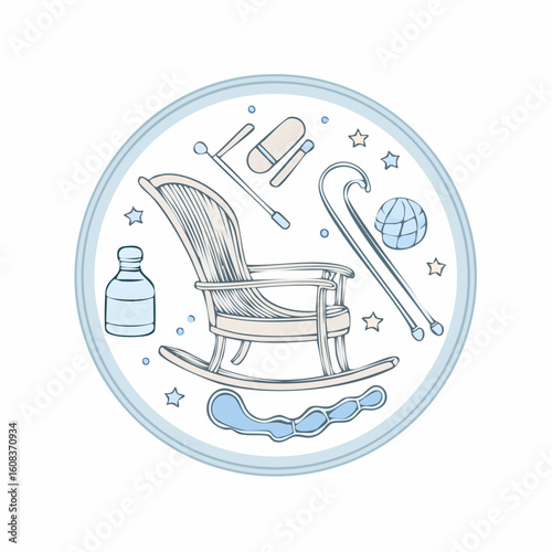 An illustration of a rocking chair surrounded by items for senior care like canes, crutches, and medicine.