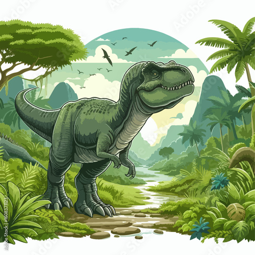 Detailed illustration depicts a Tyrannosaurus Rex in a lush prehistoric jungle environment.  The scene includes a river and mountains in the background.