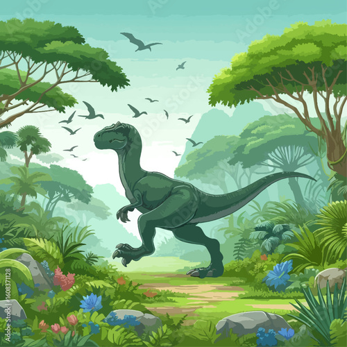 Large dinosaur strolls through a dense, vibrant jungle scene with lush foliage and colorful flowers.