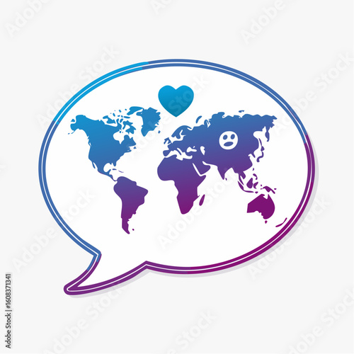 World map inside speech bubble; global love, sadness contrast.