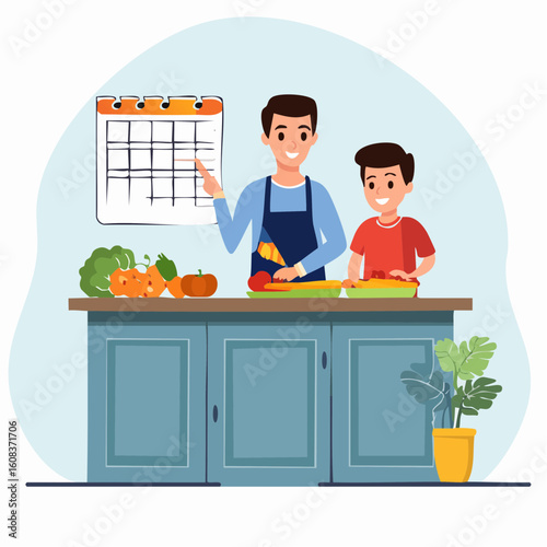 A smiling father teaches his son how to cook, chopping vegetables together in the kitchen while pointing at a meal plan calendar.