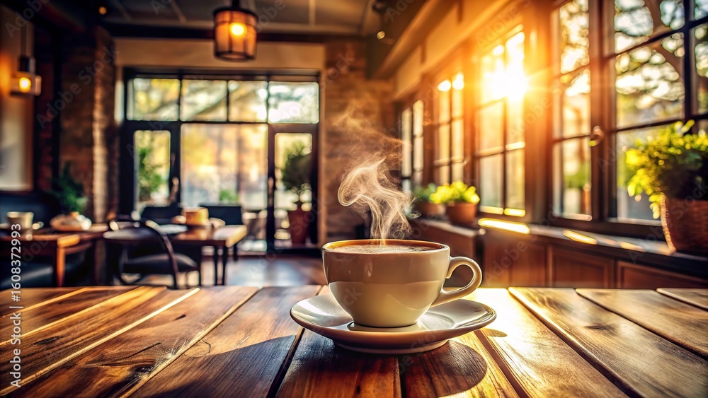 Fototapeta premium Golden hour coffee, wooden café table, calm and inviting.