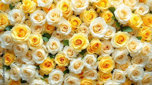 Elegant mix of white and yellow roses arranged densely, ideal for optimistic and romantic designs like invitations, spring greeting cards, branding, seasonal decor or beauty visuals