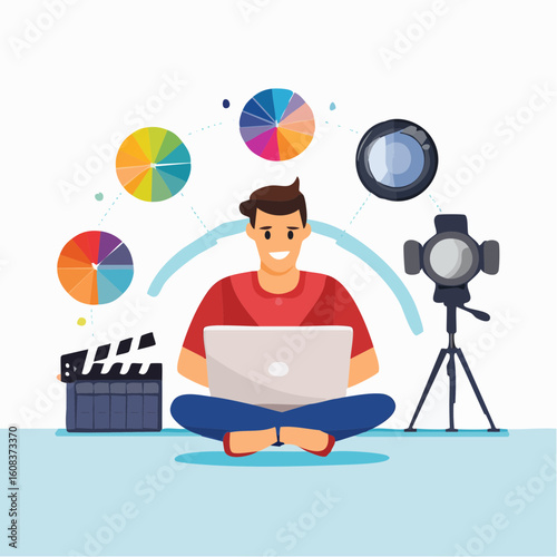 A creative professional sits with a laptop, surrounded by icons for video editing and design.