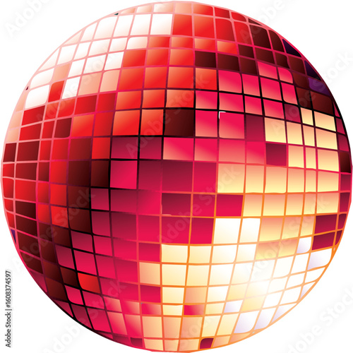 Vibrant Disco Ball: A stunning close-up shot of a classic disco ball. The mirror facets glint and reflect light in a spectrum of red hues. A perfect visualization for parties.