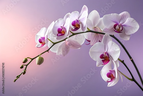 An orchid branch with several purple and white petals. Graduated background. close-up flower photography. design illustration