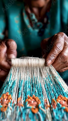 A woman is holding a piece of yarn and is working on a project