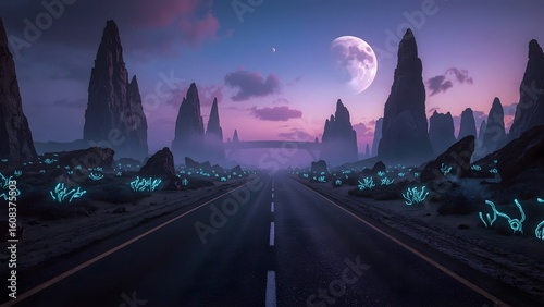 Fantasy landscape with road and full moon. 3D Rendering