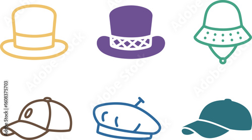 Assortment of Colorful and Stylized Hats with Diverse Shapes and Designs