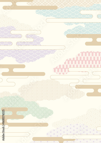 Aサイズ縦型の背景素材：日本の伝統的な柄を集めた霞がかかった雲の形の風景