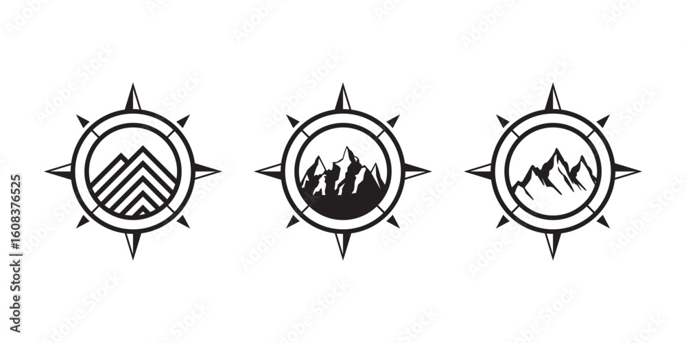 Fototapeta premium Mountain and compass concept, adventure or journey logo design inspiration