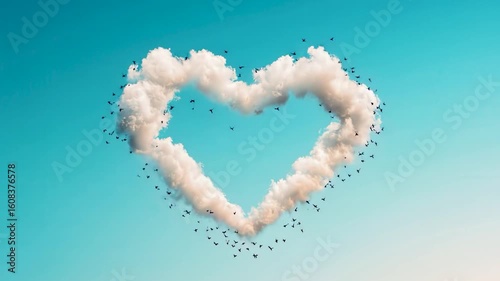 A heart made of clouds with birds flying around it