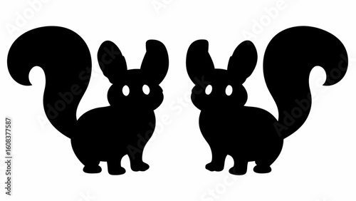 Two stylized black silhouettes of chinchillas with bushy tails and large ears facing each other