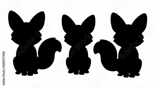 Three black silhouette images of a fox like creature sitting with large ears and a bushy tail present