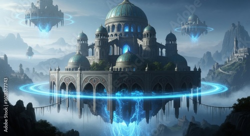 Majestic floating palace complex bathed in ethereal blue energy amidst misty mountains and otherworldly landscapes