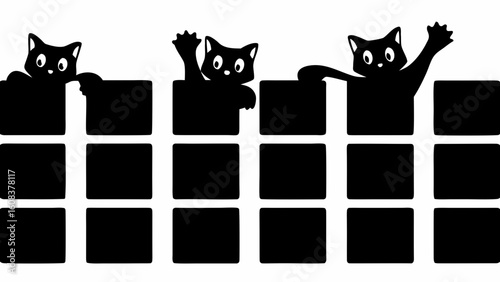 Three black cats peering over a fence with a playful pose and curious expressions in a vector image