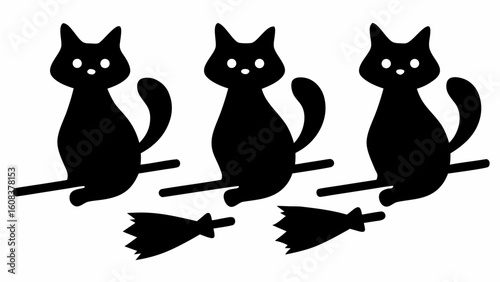 Three black cats riding broomsticks in silhouette against a white background halloween themed illustration