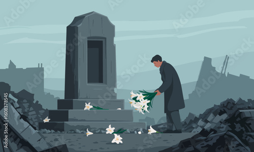 Man laying flowers at a tombstone amid ruins