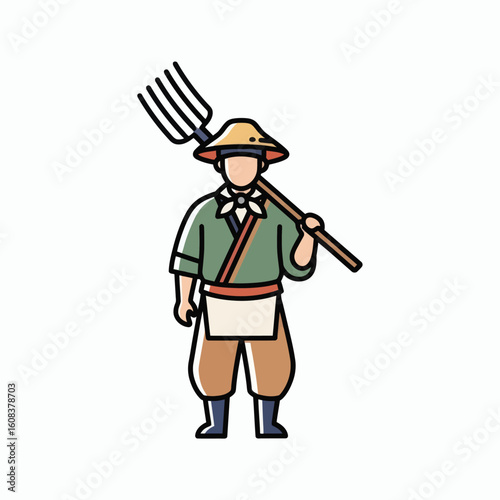 Man with a farming tool over his shoulder wearing a hat