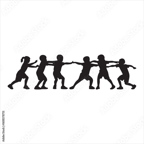Silhouettes of children playing tug of war in a line holding hands