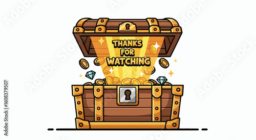 Open treasure chest with gold coins and text Thanks for watching