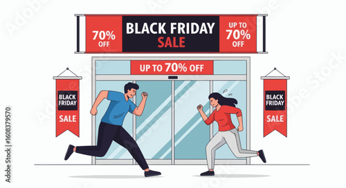 People running towards a store with Black Friday sale signs