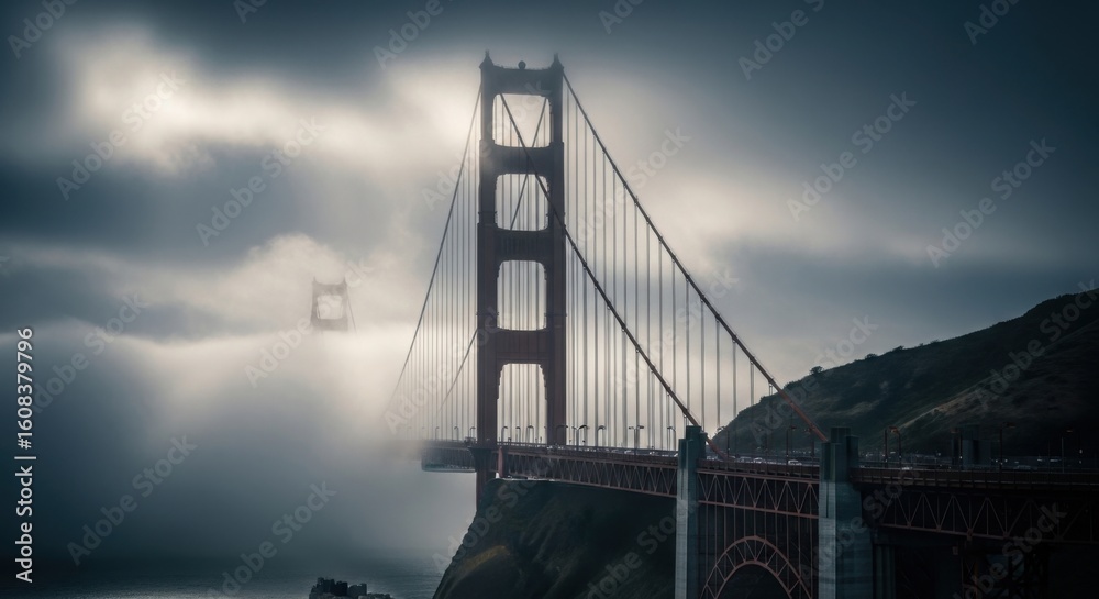 Obraz premium Misty morning view of the iconic Golden Gate Bridge emerging from thick fog