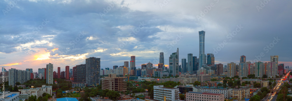 Fototapeta premium Beijing CBD Skyline at Dusk - Panoramic View of China's Thriving Metropolis​