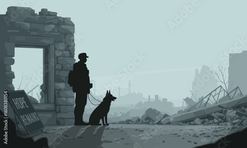 Pixel art of a soldier and dog in a ruined city with Hope Remains sign