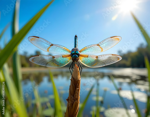 Vibrant Dragonfly Perched by a Sunny Pond
