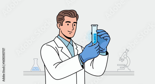Scientist wearing gloves holding a test tube with blue liquid