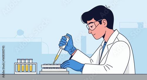 Scientist wearing blue gloves and lab coat using dropper in lab