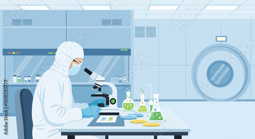 Scientist in protective suit at microscope in lab with beakers