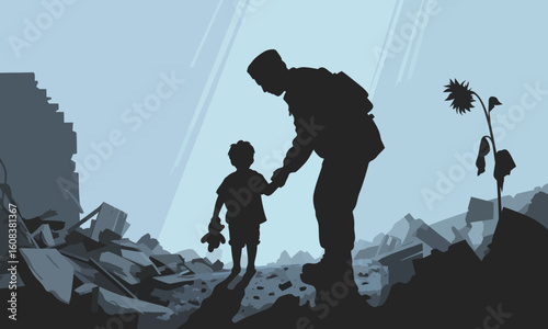 Soldier holding the hand of a child in a wartorn environment