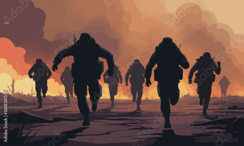 Soldiers running through a war zone with fire and smoke in background