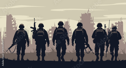 Soldiers walking in silhouette through a wartorn city