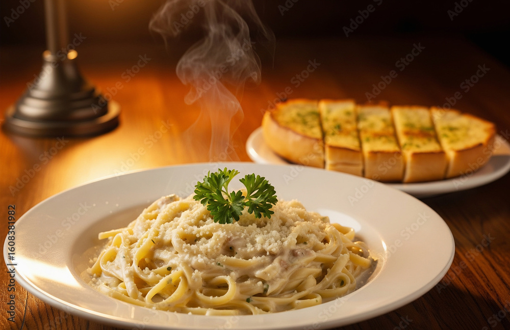Fototapeta premium A delicious plate of steaming fettuccine alfredo topped with fresh parsley and grated parmesan cheese, accompanied by a side of golden, crispy garlic bread. The dish is presented on a restaurant table