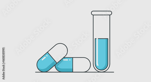 Two blue capsules and a test tube filled with blue liquid