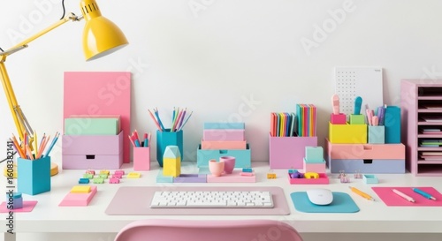 Organize your workspace with a colorful assortment of stationery and desk accessories in pastel shades creating a cheerful and productive environment