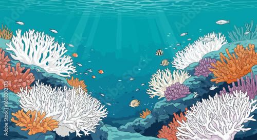 Underwater coral reef with various corals fish and sunlight