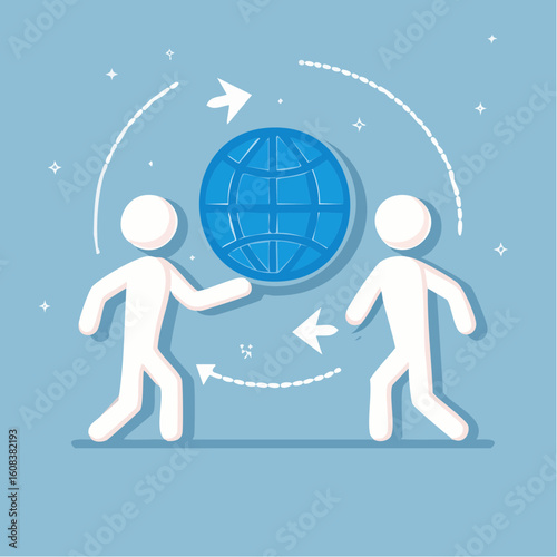 Two abstract figures exchange a blue globe, symbolizing global communication, partnership, and worldwide connection.