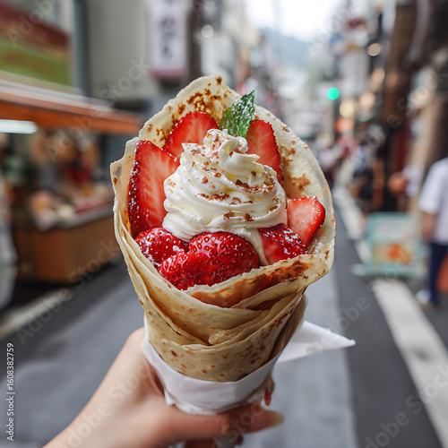 Hand Holding Fresh Strawberry Crepe in Urban Japan
