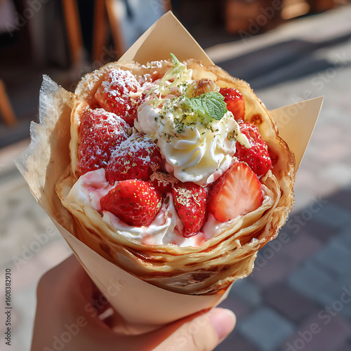 Hand Holding Fresh Strawberry Crepe in Urban Japan

